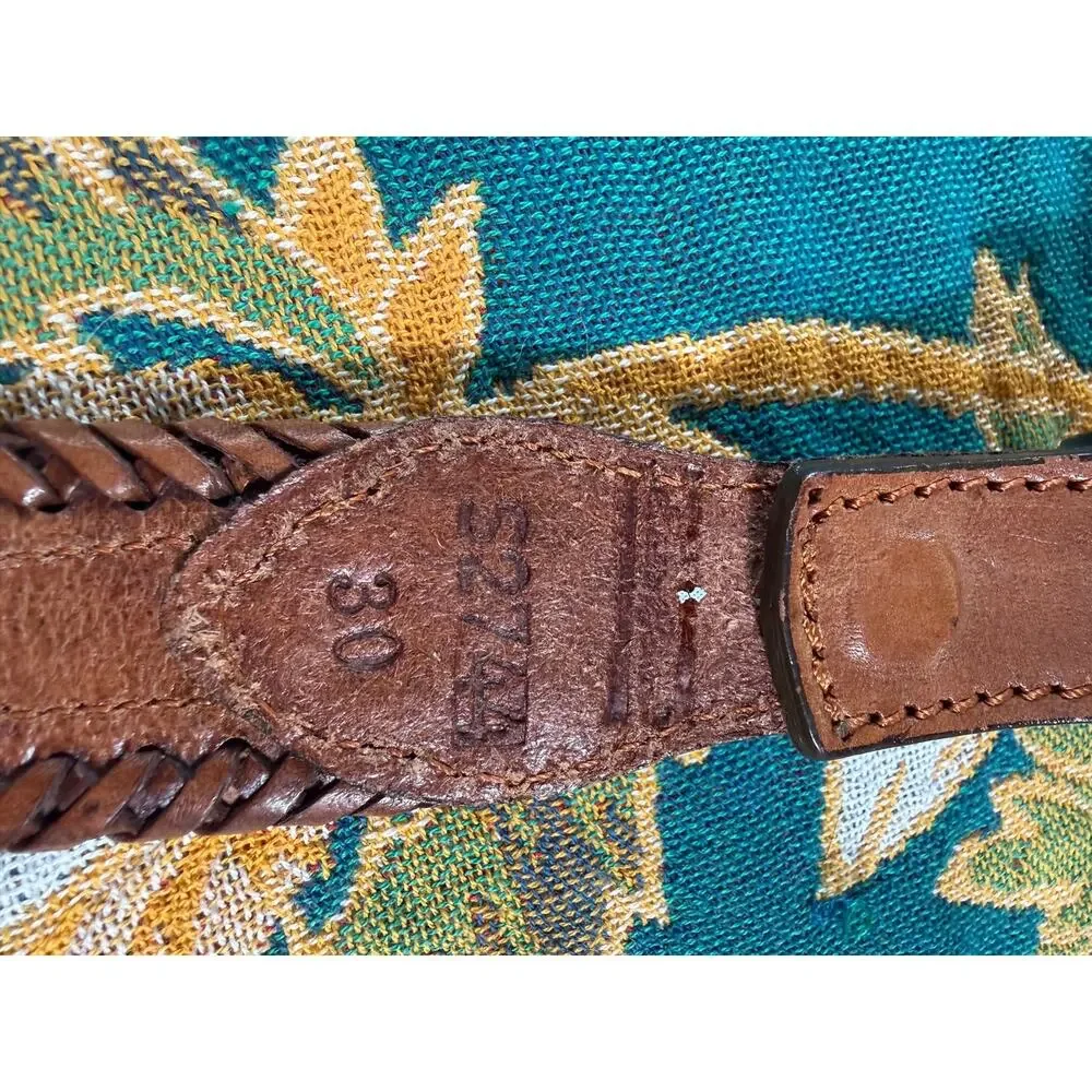 Vintage 90s Aztec southwestern beaded leather belt intricate silver buckle 30